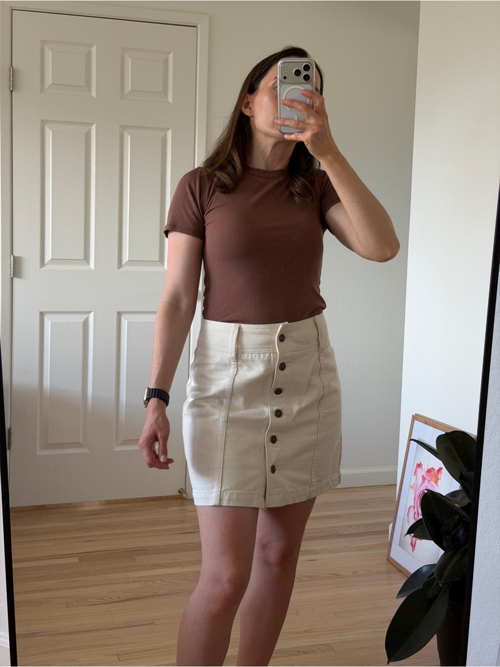 Sezane Cream Denim Button-Front Mini Skirt